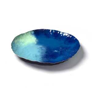Chroma Colorful Decorative Round Metal Tray in Azure Blue, Navy & Soft Teal