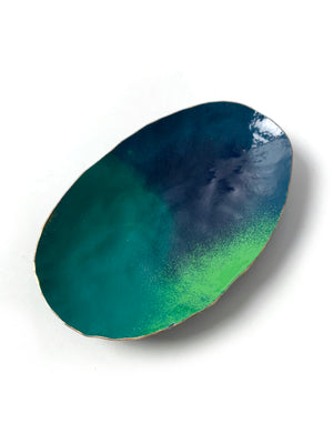 Oval Copper Dish in Emerald Green, Deep Ocean, and Fresh Green