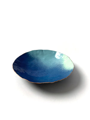 Round Copper Dish in Azure Blue and Faded Teal