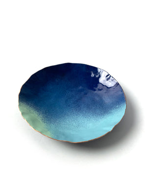 Round Copper Dish in Azure Blue and Faded Teal