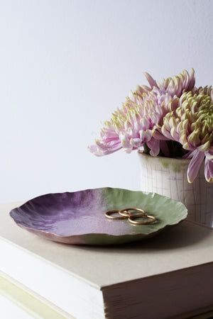 Chroma Colorful Decorative Round Metal Tray in Olive Green and Lavender
