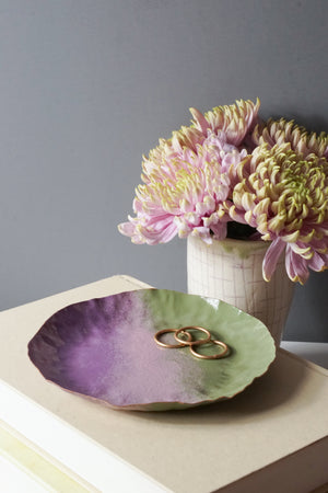 Chroma Colorful Decorative Round Metal Tray in Olive Green and Lavender