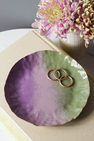 Chroma Colorful Decorative Round Metal Tray in Olive Green and Lavender