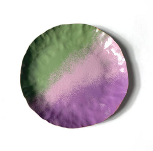 Chroma Colorful Decorative Round Metal Tray in Olive Green and Lavender
