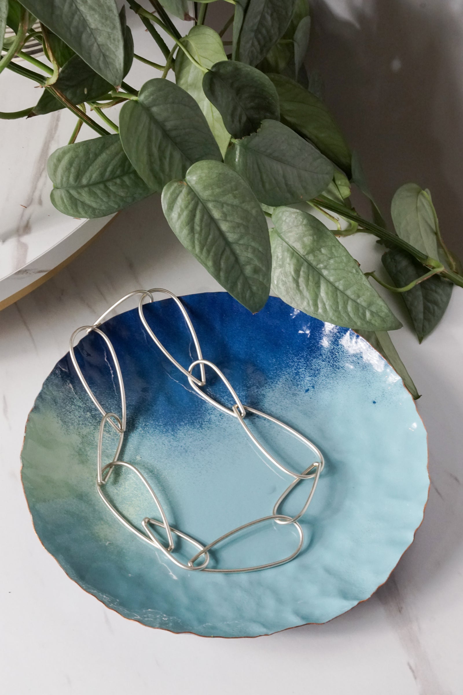 Chroma Colorful Decorative Round Metal Tray in Azure Blue, Navy & Soft Teal