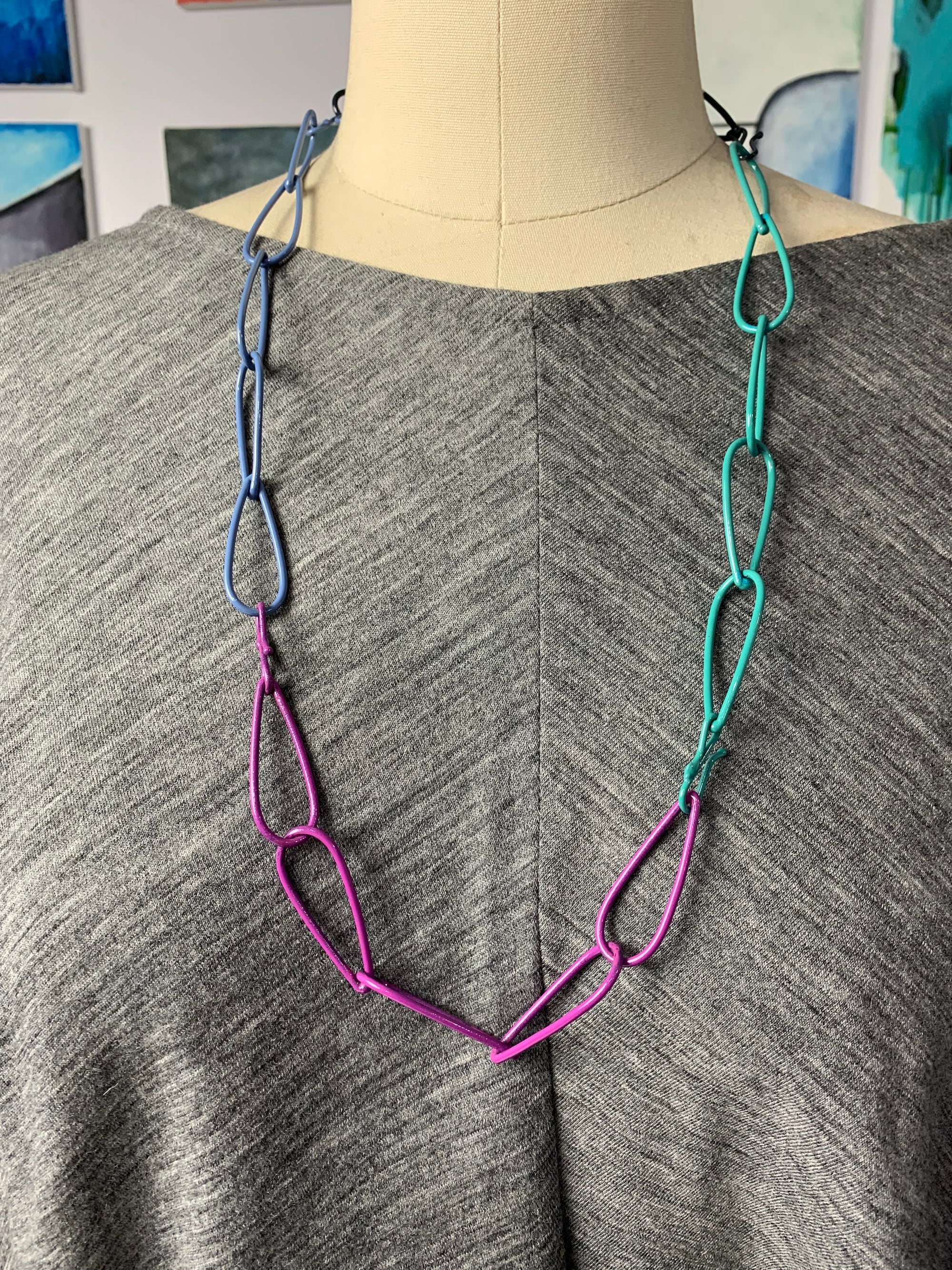 long Modular Necklace in teal, purple, blue, and grey - sample sale