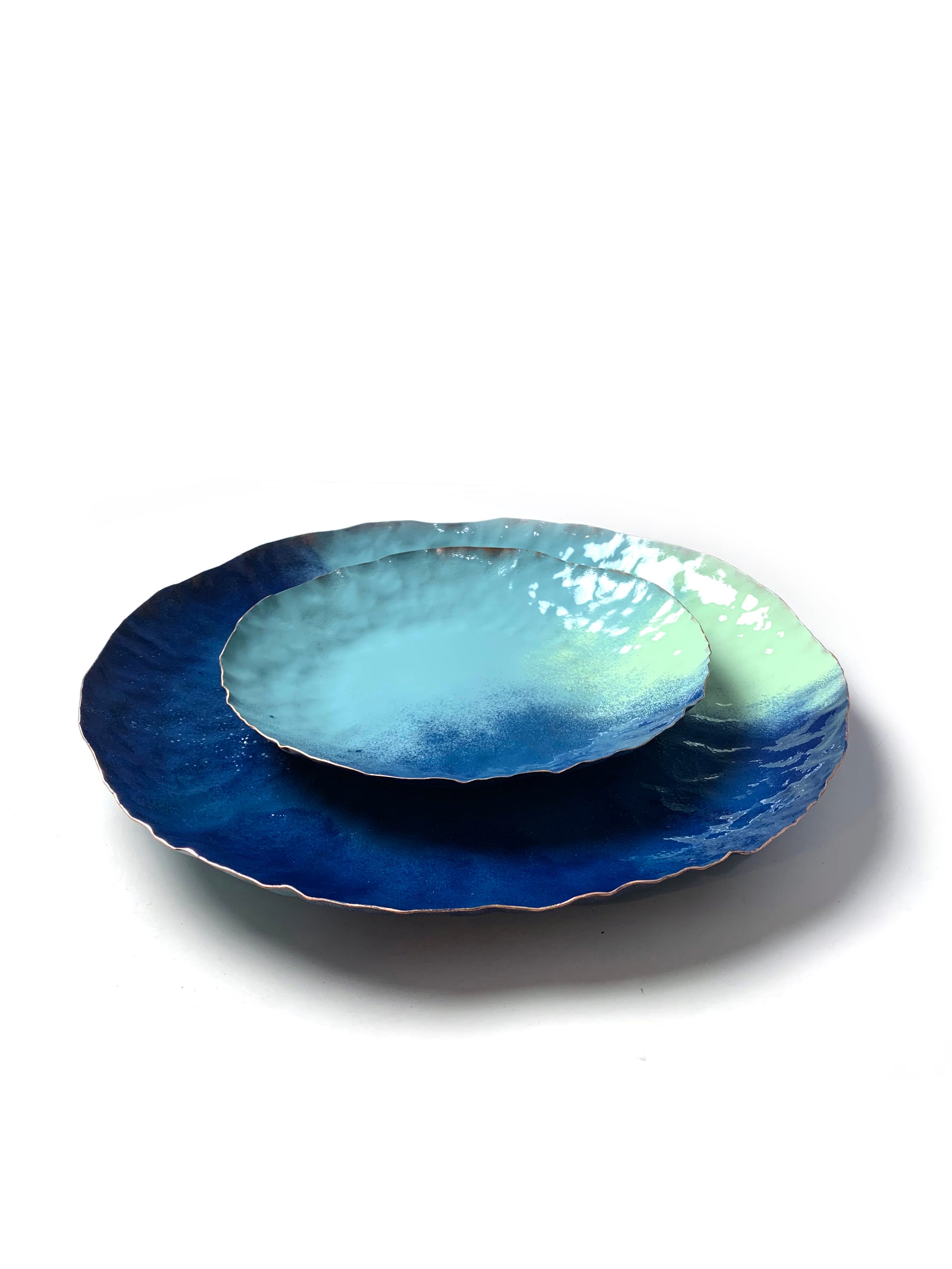 Chroma Colorful Decorative Round Metal Tray in Azure Blue, Navy & Soft Teal
