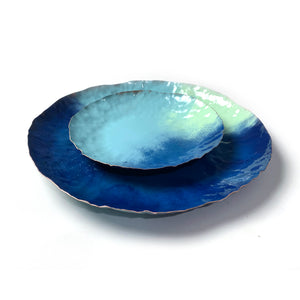 Chroma Colorful Decorative Round Metal Tray in Azure Blue, Navy & Soft Teal