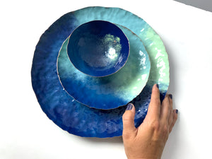 Chroma Colorful Decorative Round Metal Tray in Azure Blue, Navy & Soft Teal
