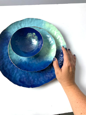 Chroma Colorful Decorative Round Metal Tray in Azure Blue, Navy & Soft Teal