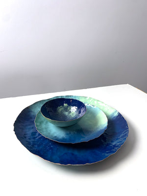 Chroma Colorful Decorative Round Metal Tray in Azure Blue, Navy & Soft Teal