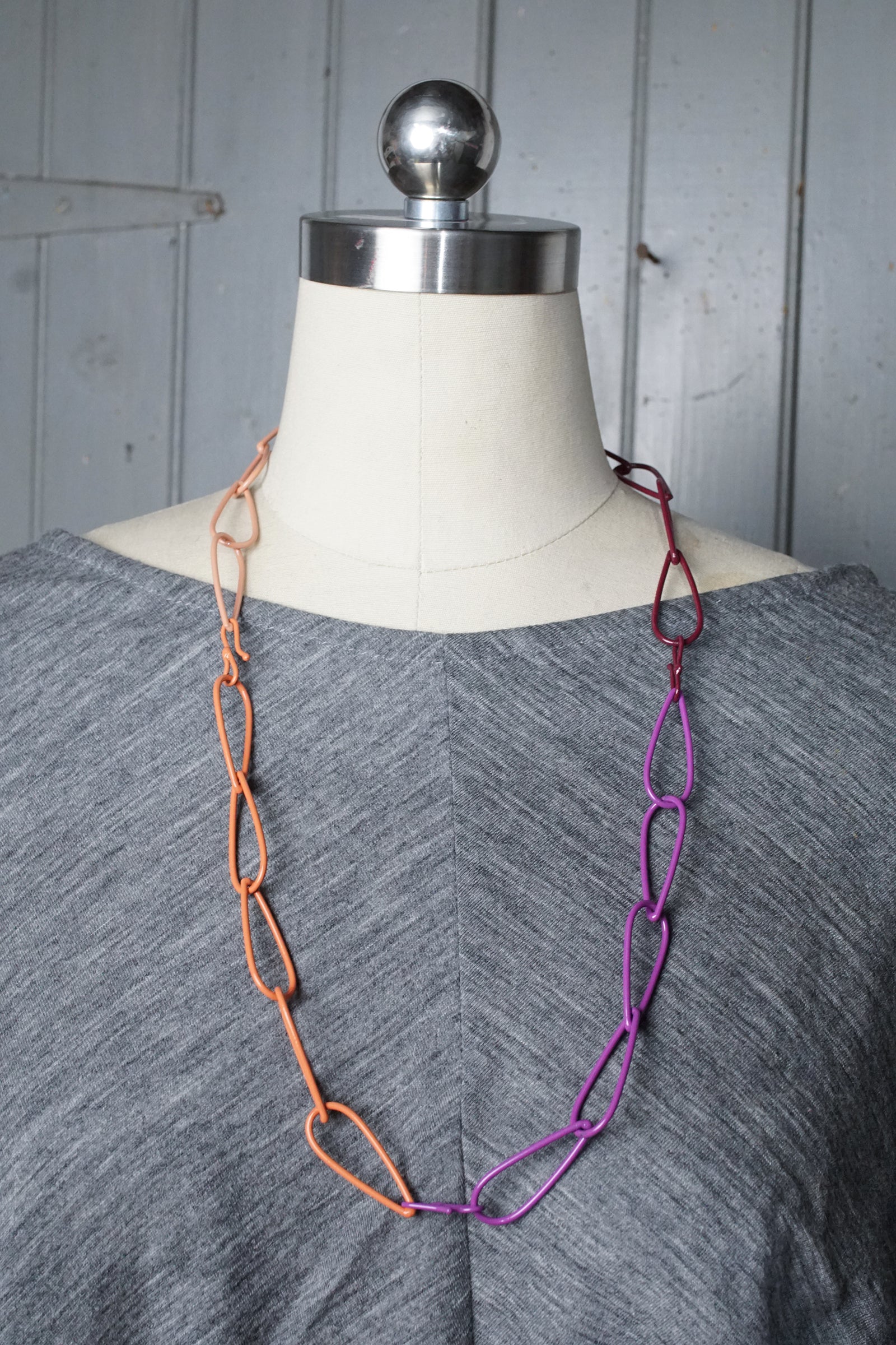 long Modular Necklace in burgundy, coral, and purple