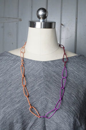 long Modular Necklace in burgundy, coral, and purple