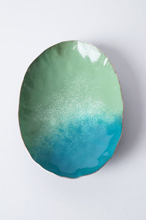 Oval Copper Dish in Pale Green and Bold Teal