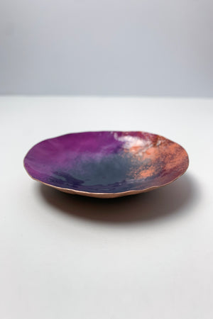 Round Copper Dish in Burgundy, Navy, Magenta, and Coral