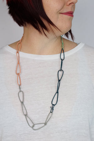 Long Modular Necklace in Deep Ocean, Stone Grey, Pale Green, and Dusty Rose