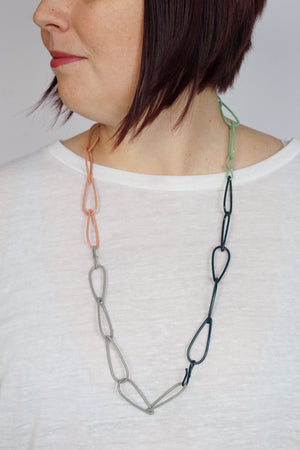 Long Modular Necklace in Deep Ocean, Stone Grey, Pale Green, and Dusty Rose