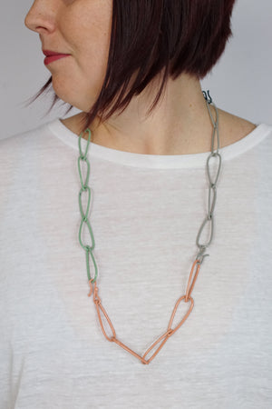 Long Modular Necklace in Deep Ocean, Stone Grey, Pale Green, and Dusty Rose