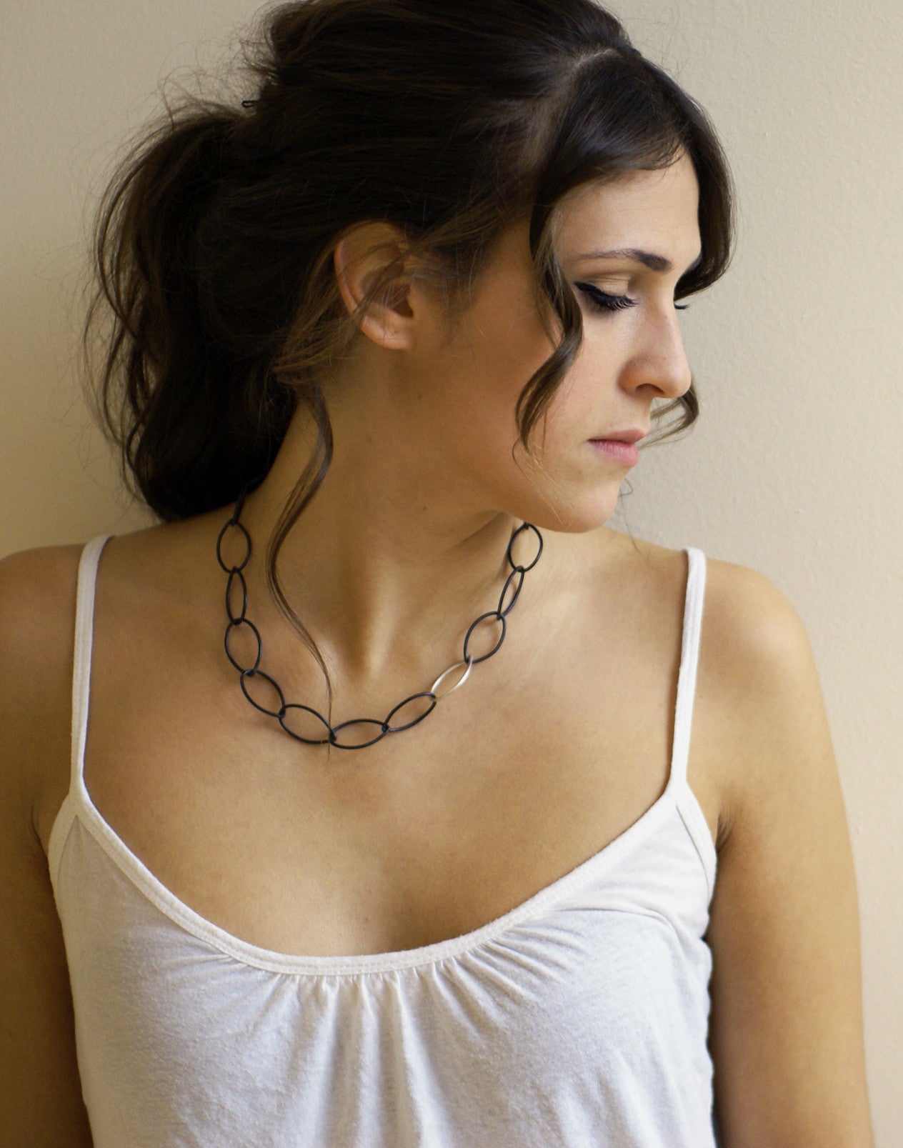 audrey necklace // little black necklace // black steel and silver chain link necklace