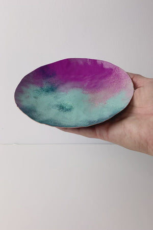 Round Copper Tray in Turquoise and Magenta