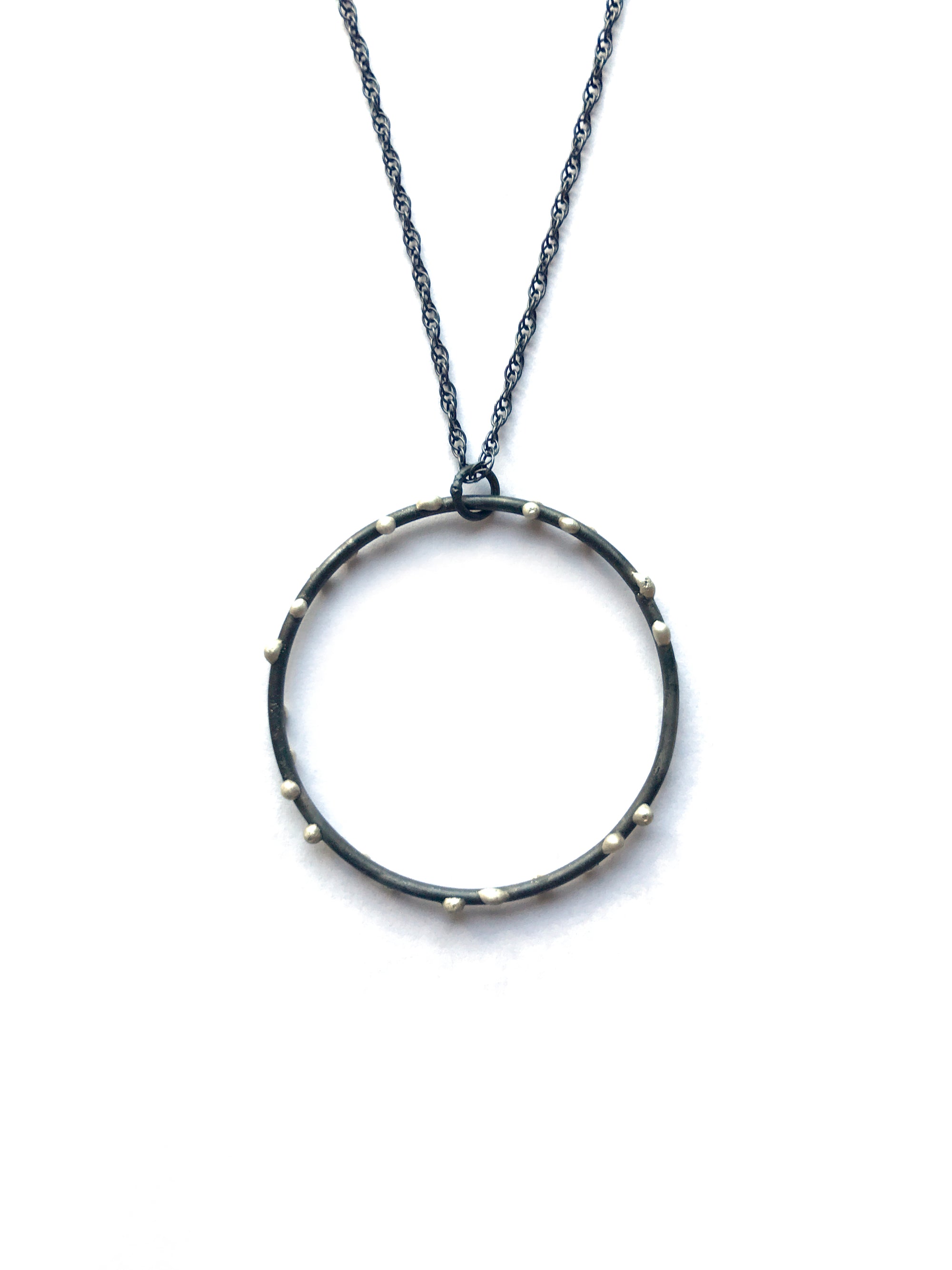 Extra Large Silver on Steel Circle Pendant on Long Chain